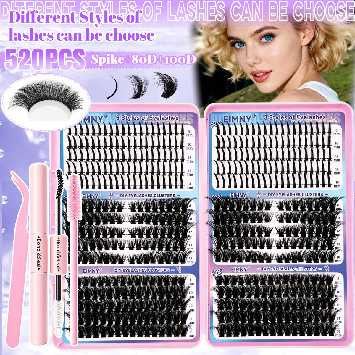 A set of eyelash extension kits featuring various styles and clusters for lash application.