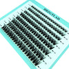 A tray of mixed false eyelashes with various lengths and styles displayed on a light blue card.