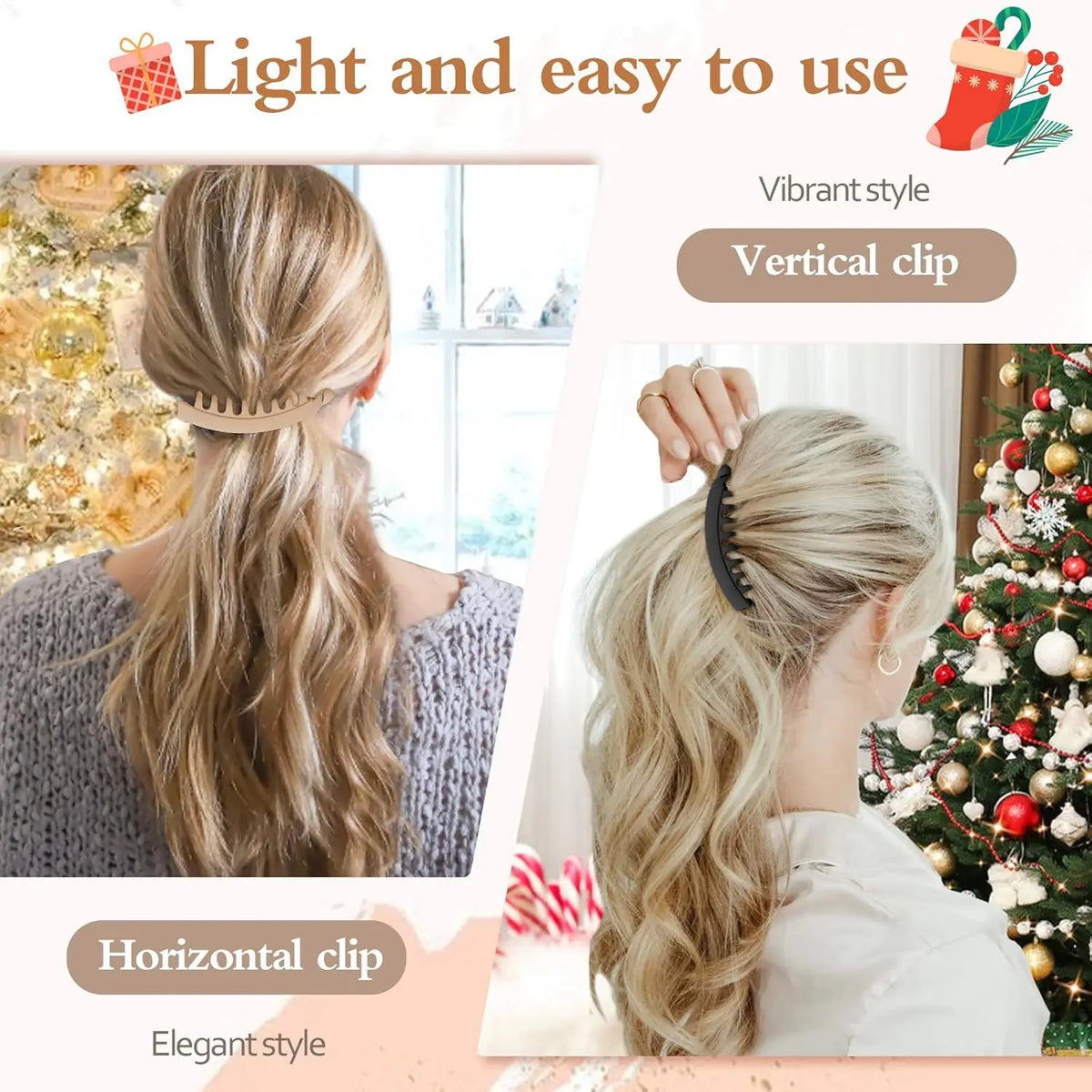 A set of five banana hair clips shown in vertical and horizontal styles for strong grip styling.