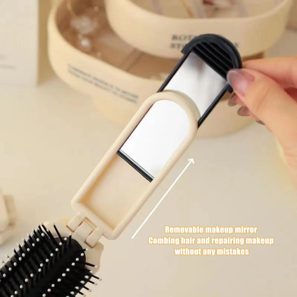 A folding pocket hair comb with a mirror and scalp massage cushion is shown being used for makeup application.