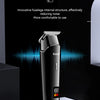 A black electric hair and beard trimmer is shown against a dark background with sound wave graphics.