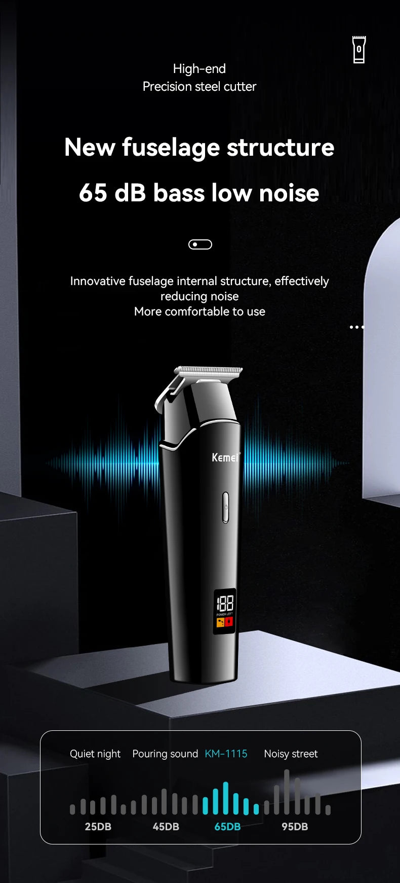 A black electric hair and beard trimmer is shown against a dark background with sound wave graphics.