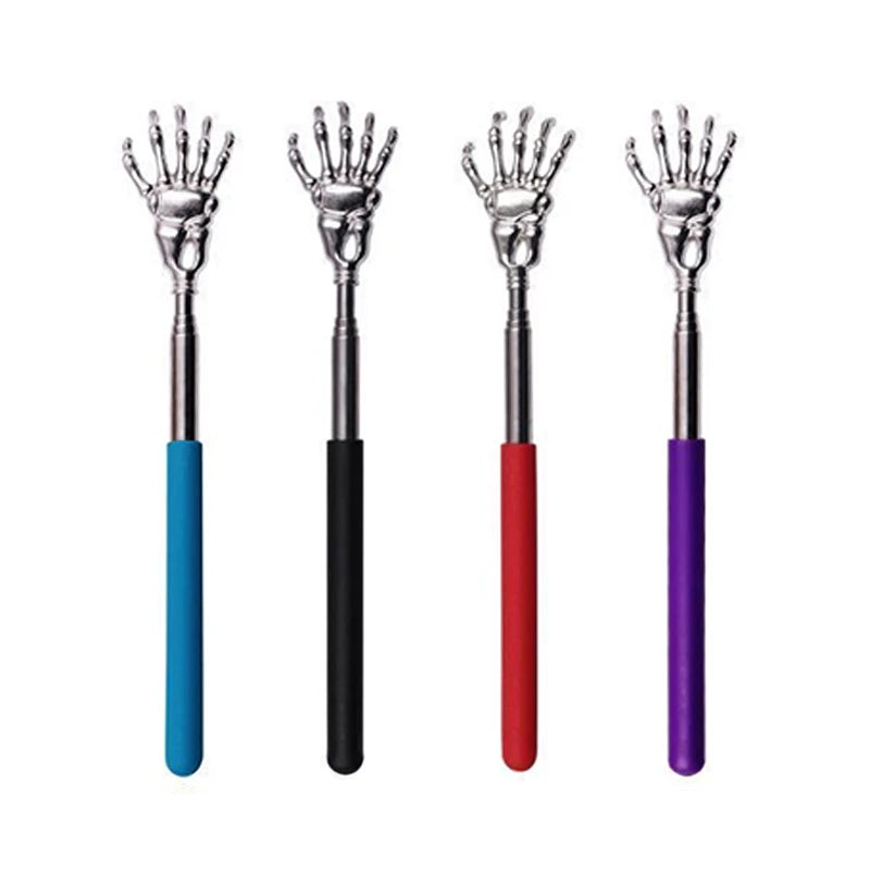 Three stainless steel telescoping back massagers in blue, black, and purple.