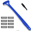 Afeitadora manual plegable azul para hombres con mango negro y múltiples cuchillas.