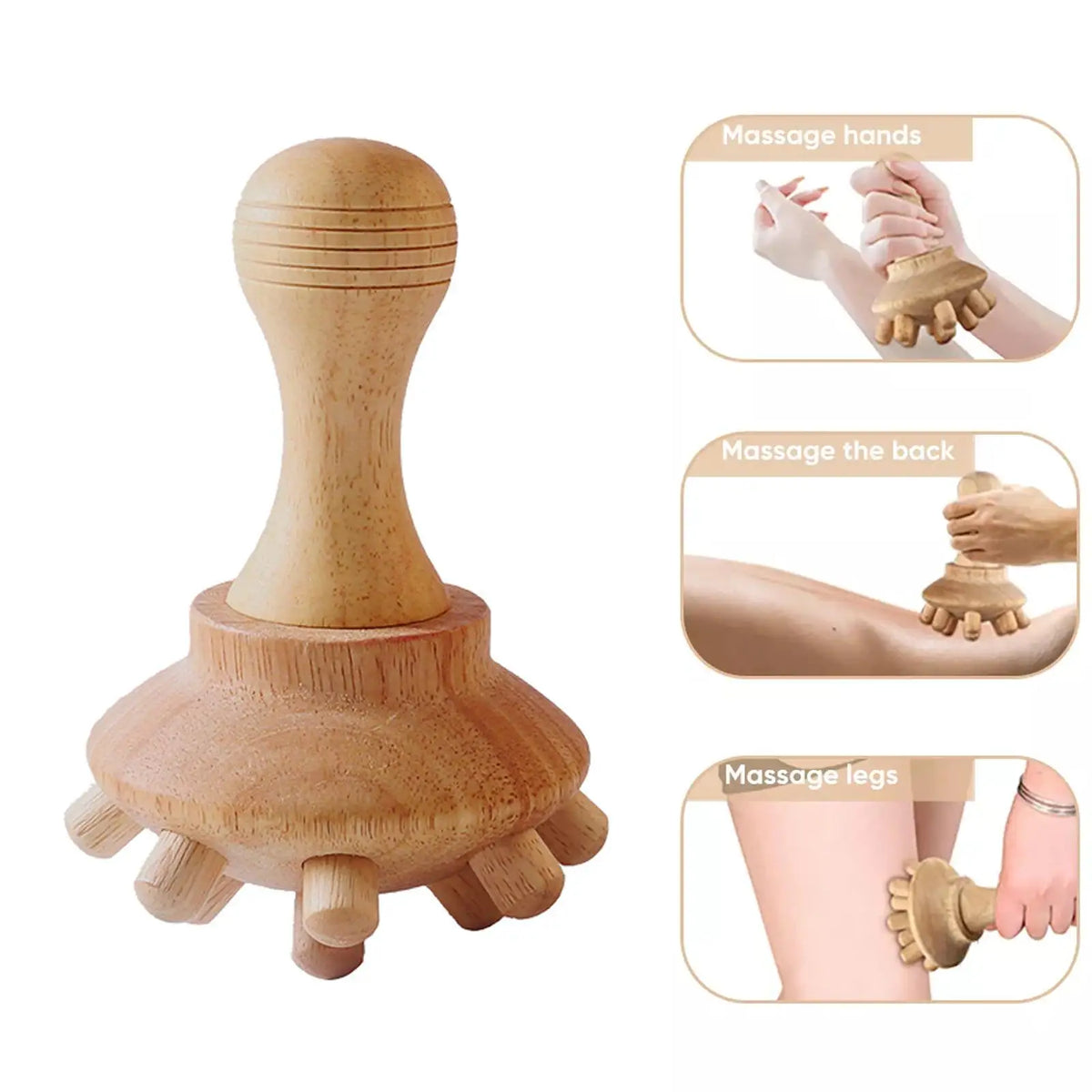 Natural wood gua sha roller with massage hands for face, back, and legs