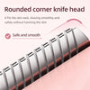 Close-up view of a rounded corner knife head on an electric epilator device.
