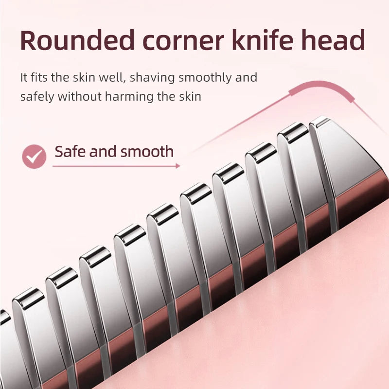 Close-up view of a rounded corner knife head on an electric epilator device.