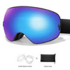 A pair of purple-blue sports goggles with a black frame and an attached glasses bag shown next to the inside optical frame.