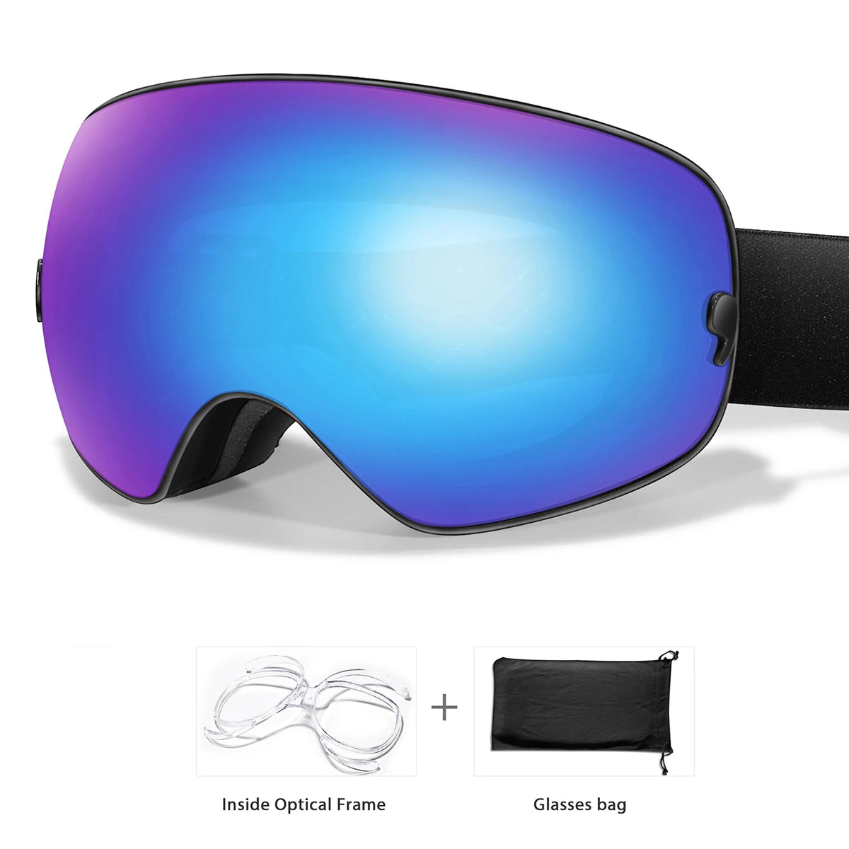 A pair of purple-blue sports goggles with a black frame and an attached glasses bag shown next to the inside optical frame.
