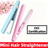Pink mini hair straightener tool with a blue body and CCC certification mark.