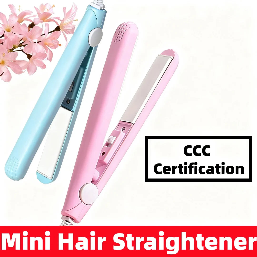 Pink mini hair straightener tool with a blue body and CCC certification mark.