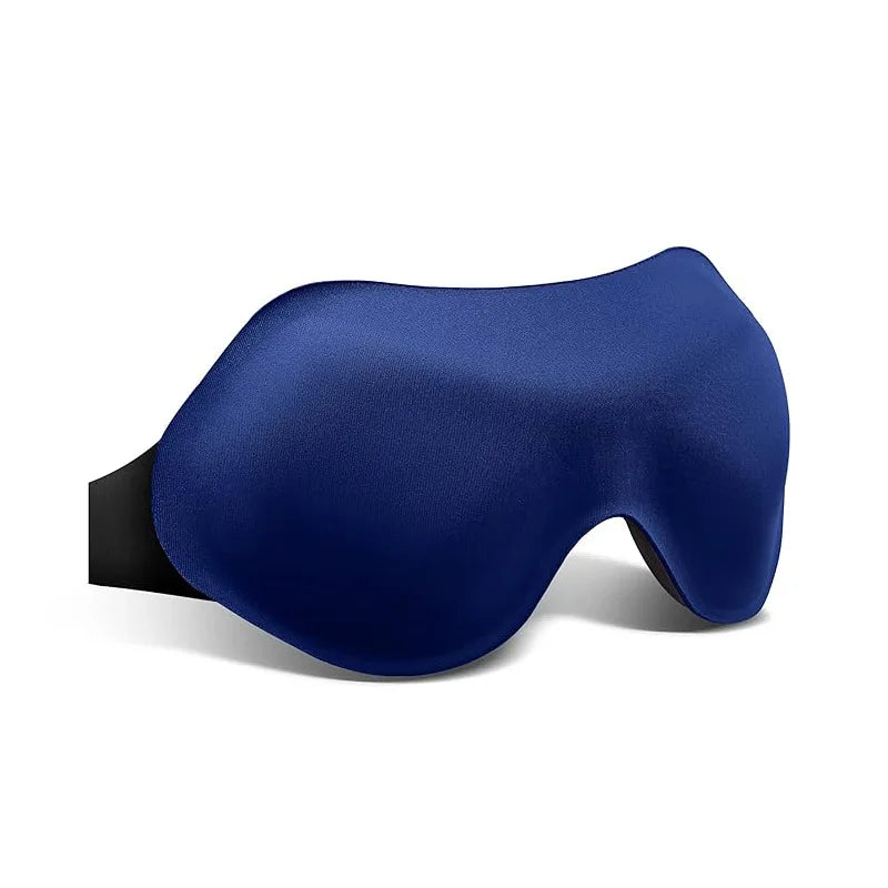 Un masque de sommeil bleu foncé ajustable présenté sur un fond blanc.