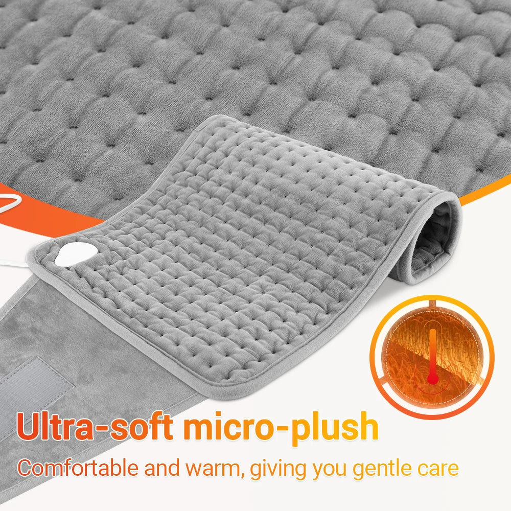A gray ultra-soft micro-plush heating pad or thermal belt shown with an inset highlighting its gentle care features.