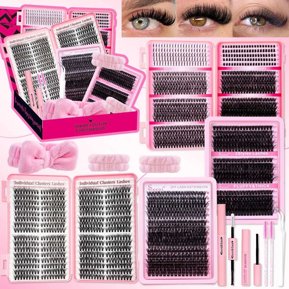 A collection of pink and black DIY lash extension kits featuring individual clusters and full lashes.