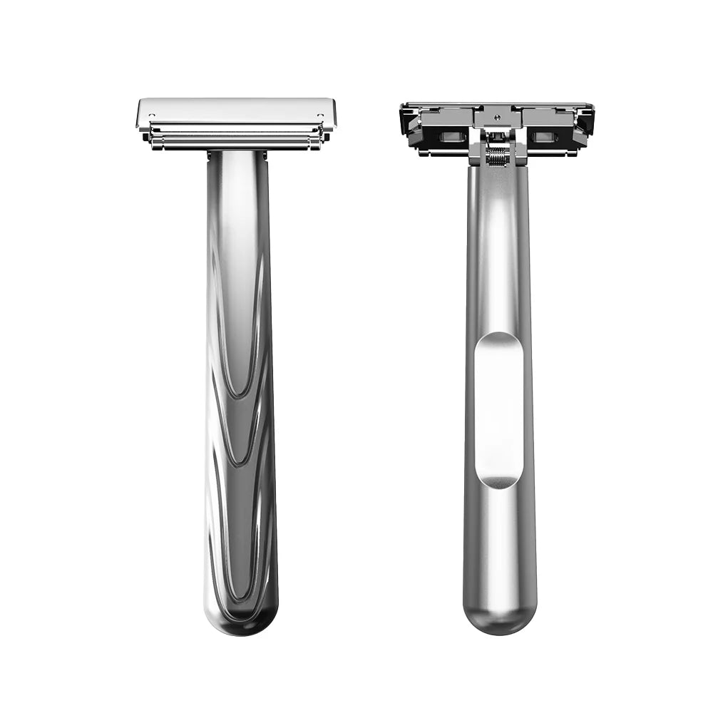 A pair of stainless steel double-edge safety razors shown side by side.
