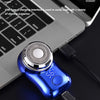 حلاقة لحية كهربائية محمولة زرقاء موصولة بكابل USB-C، مع خيارات شحن متنوعة.