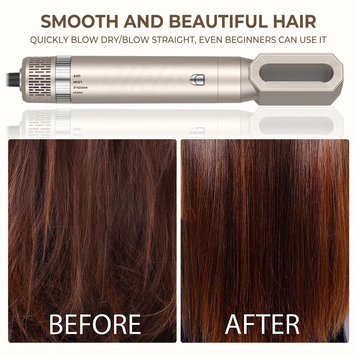 A professional hair dryer and styling brush used to achieve smooth and beautiful hair results before and after.