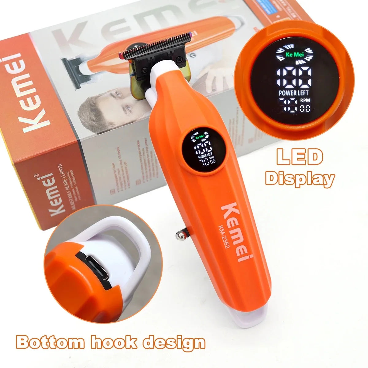 Orange Hair Clipper mit LED-Anzeige und Bodenhaken-Design neben der Verpackung