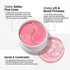 A pink hydrogel eye patch product with a lid and a separate circular portion, demonstrating its texture and use.