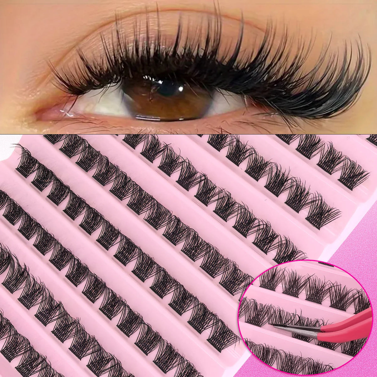 Gros plan d'un plateau de cils roses montrant de longs cils noirs individuels naturels.