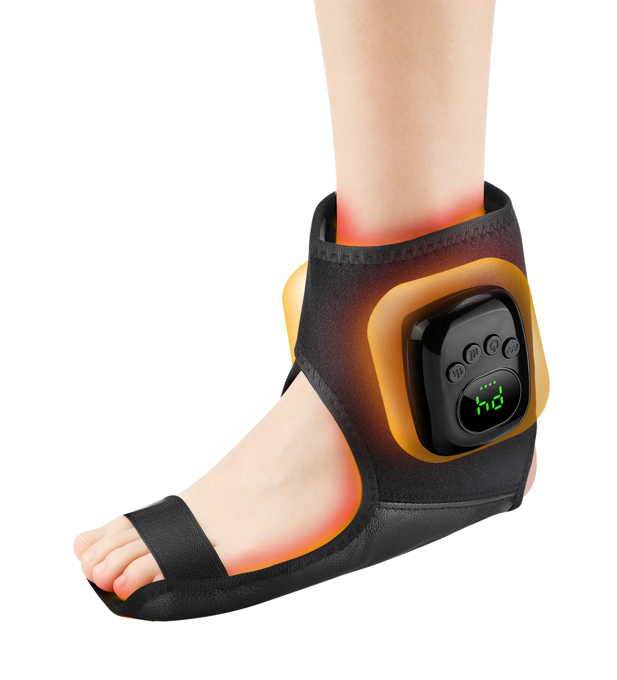 A black heated air compression ankle massager worn on the foot and ankle of a person.