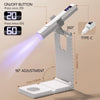 A portable UV nail lamp with an on/off button, LCD display, and 90-degree adjustment feature.