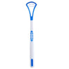 A white and blue silicone tongue scraper with a flexible handle.