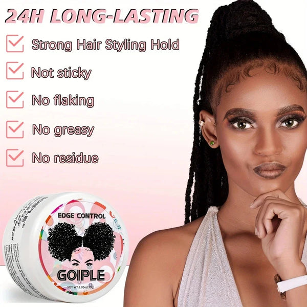 A woman shows off her hairstyle using the Goiple Edge Control styling wax kit.