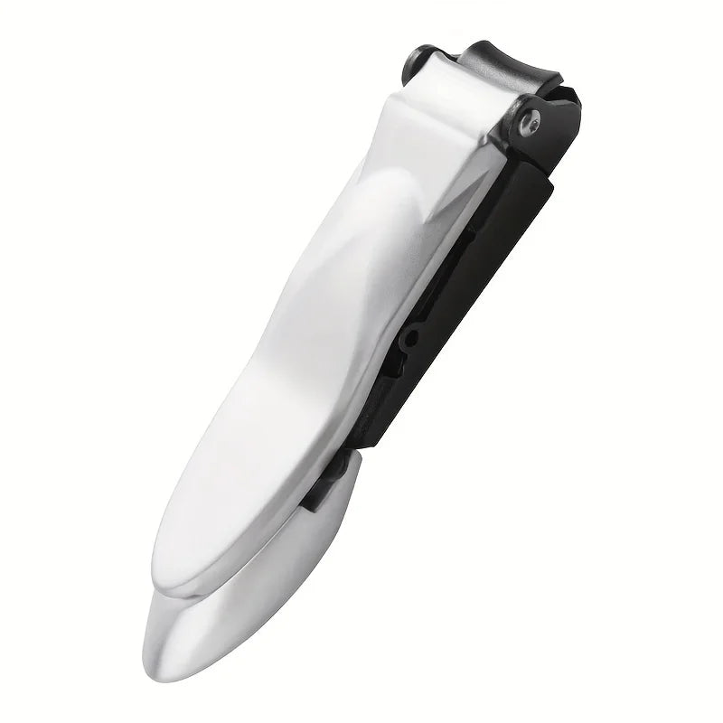 A close-up view of a silver and black heavy duty self-collecting nail clippers.