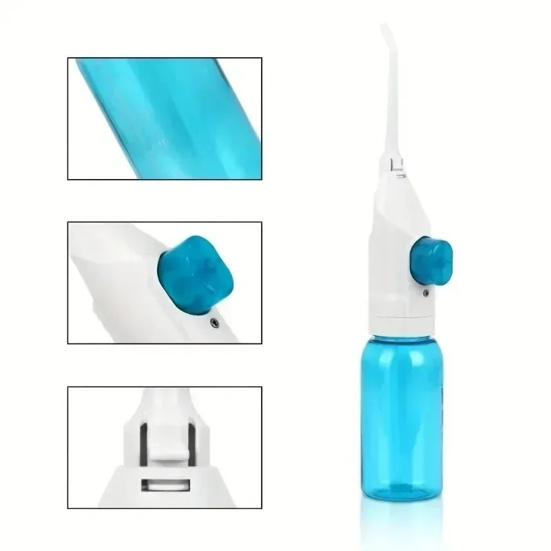 A manual high-pressure dental flosser shown in various views including the main unit and components.