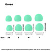 Green silicone earplugs shown in various sizes XS to L for comfortable listening