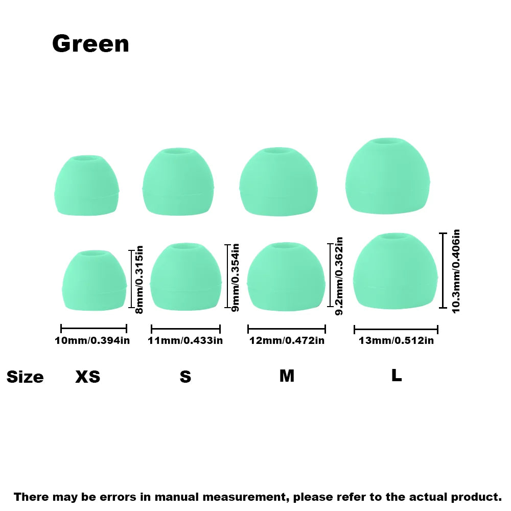 Green silicone earplugs shown in various sizes XS to L for comfortable listening