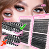 Before and after comparison showing eyelash extensions before and after application using a DIY kit.