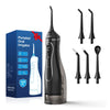 A black portable oral irrigator device and its accessories are displayed next to its packaging box.