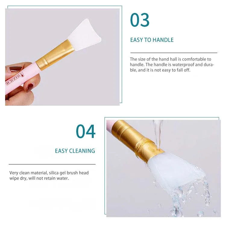 A cosmetic applicator brush with a gold handle and white silicone head is shown, demonstrating easy handling and cleaning.