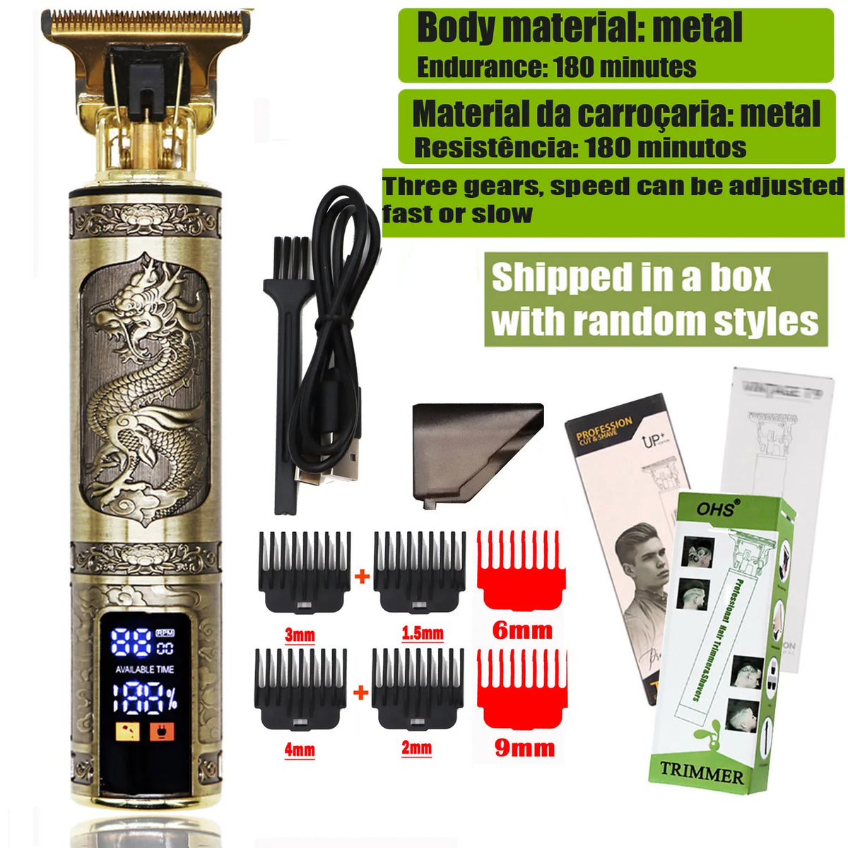 A professional electric hair trimmer with a metal body, three gears, and various attachments for beard and body grooming.