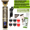 A close-up view of a metallic electric hair shaver trimmer with various attachments and accessories.