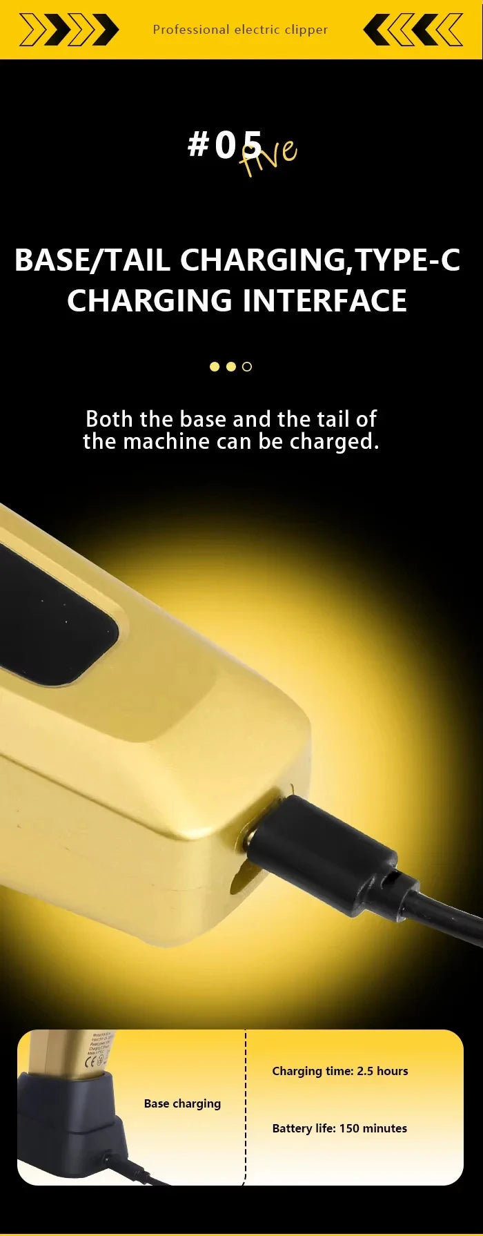 A yellow electric clipper shows its base and tail charging interface, illustrating base charging and battery life.