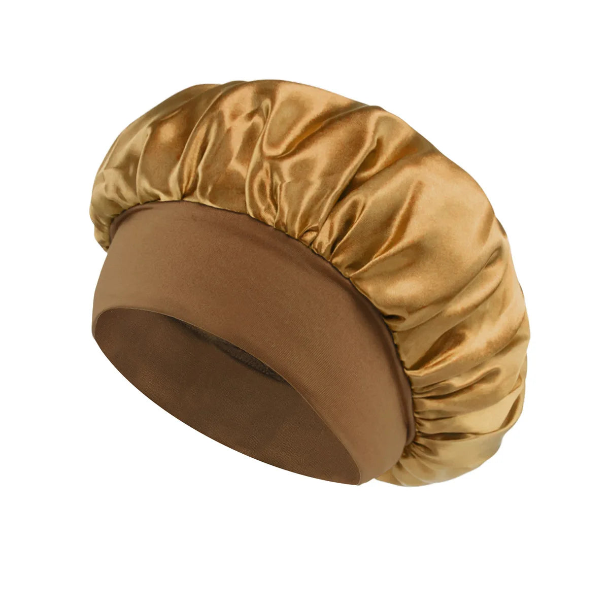 Runder Satin-Haarbonnet in goldenem Braun mit geraffter Oberseite.