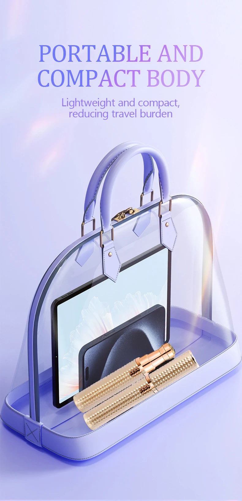 A purple portable and compact body hair remover device with a clear case and gold-colored tools.