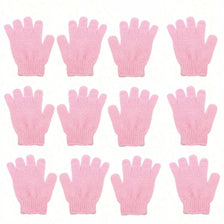 A set of pink exfoliating body scrub gloves knitted for hands.