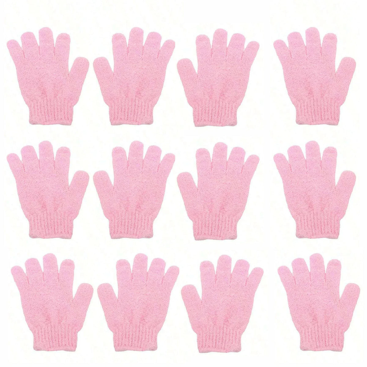 Un ensemble de gants exfoliants pour le corps, tricotés pour les mains, de couleur rose.