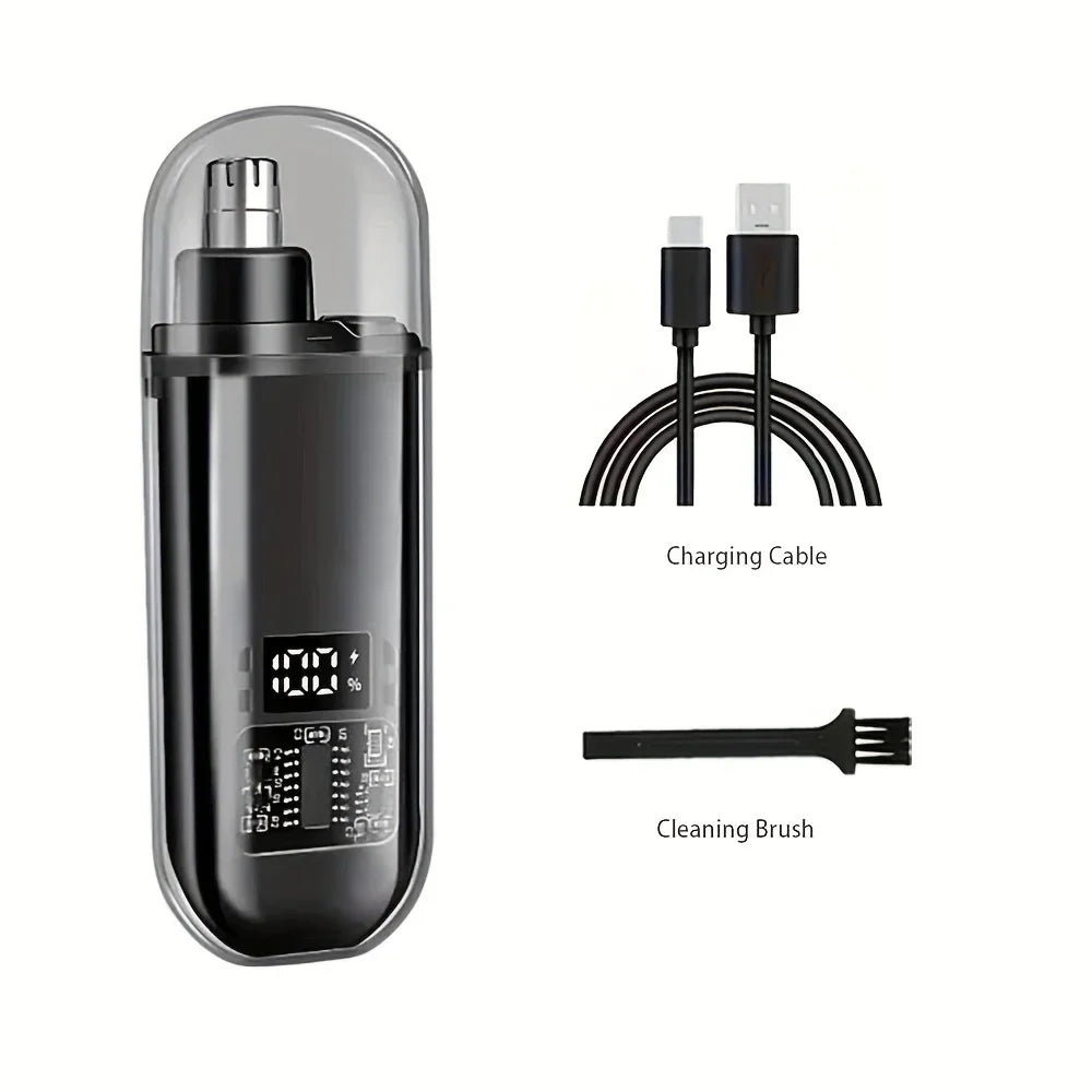 Schwarzer USB-Lade-Nasen- und Ohrhaartrimmer mit Ladekabel und Reinigungsbürste.