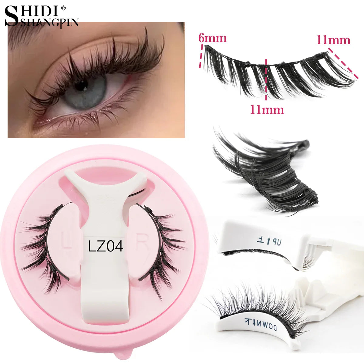 Un ensemble d'faux cils magnétiques réutilisables noir et rose, montrés avec des pinces et un gros plan cosmétique de l'œil.