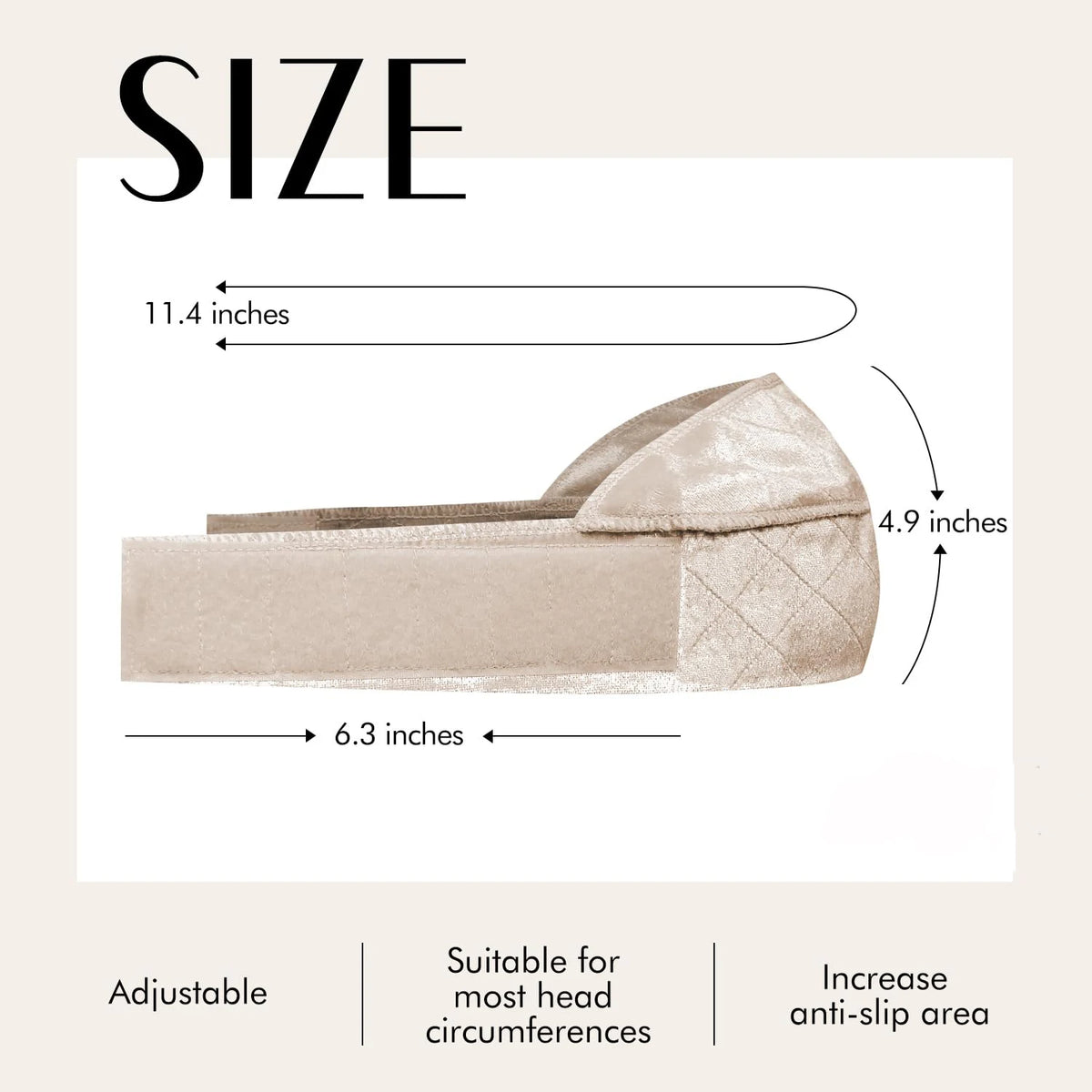 Diagram showing the size of a velvet wig grip band, measuring 11.4 inches long and 6.3 inches wide.