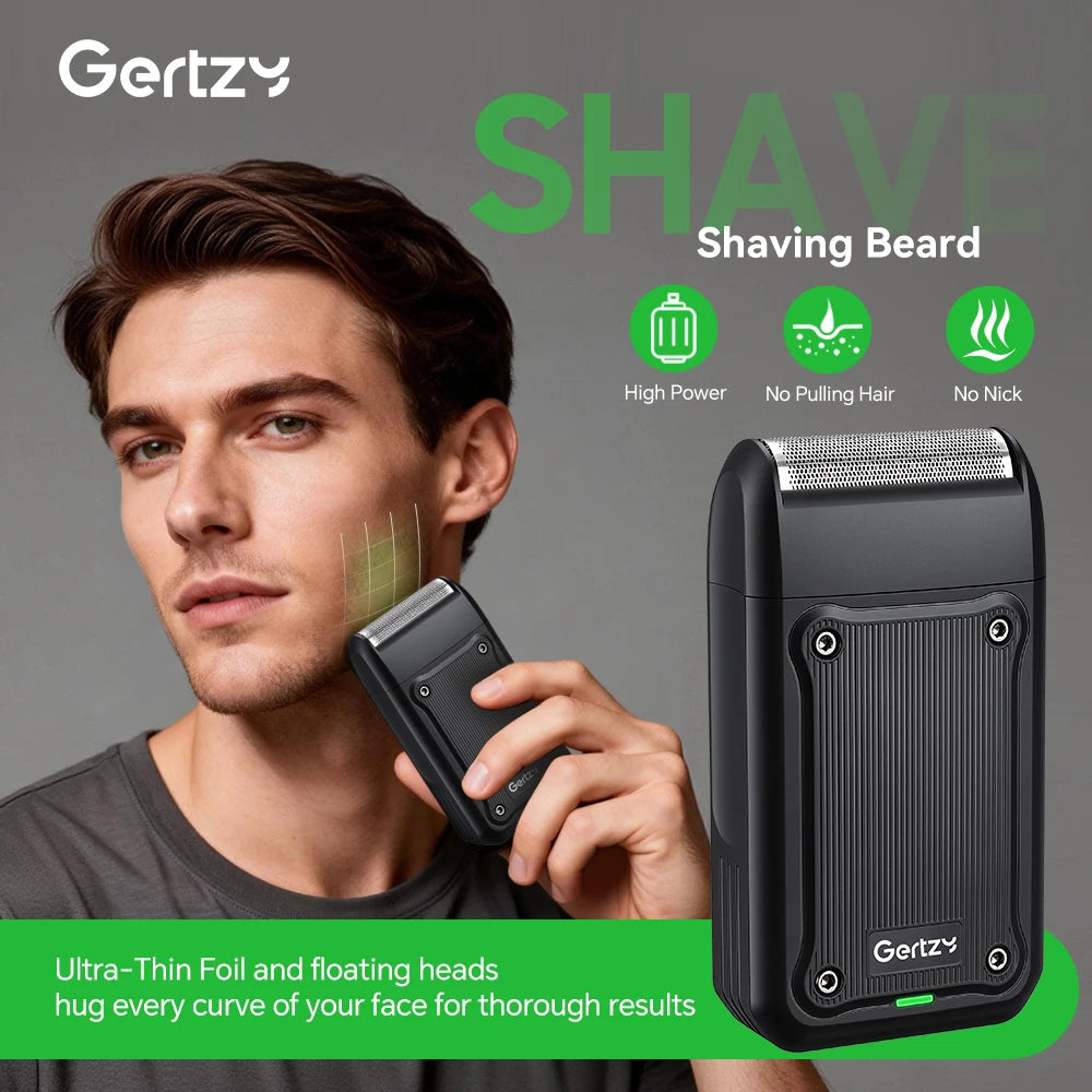 A man is using a black Gertzy shaving beard shaver on his face.
