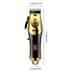 A gold and black cordless electric hair trimmer with a beard design visible.