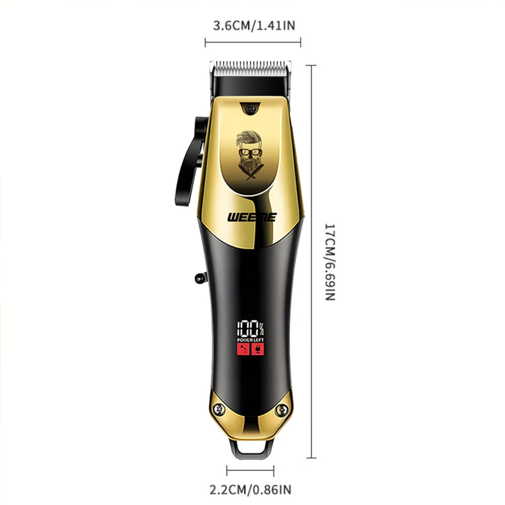 A gold and black cordless electric hair trimmer with a beard design visible.