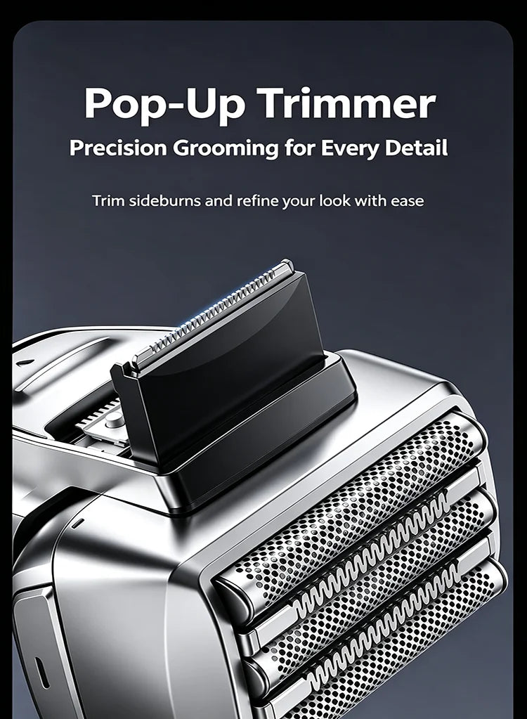 Close-up of a silver pop-up trimmer for precision grooming, showing the trimming head and body.