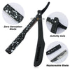 A black folding shaving razor with a zero sensation blade, activity axis, and replaceable blade shown in detail.